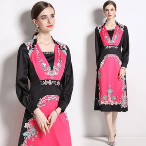 2023 Mock Neck Retro Floral Midi Kleider Langarm Frauen Designer Robe Elegante Passform Schlanke Hohe Taille Party Gerafftes Kleid Frühling Herbst Runway Damen Urlaub Kleider