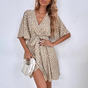 Casual Dresses Summer Women Boho Mini Dress Sexy V-neck Short Sleeve Floral Loose Chiffon 2023 Fashion Ruffles Woman Sundress