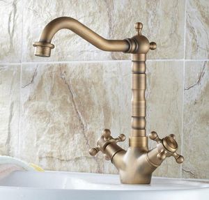 Kitchen Faucets Vintage Retro Antique Brass Dual Cross Handles Bathroom Basin Sink Faucet Mixer Tap Swivel Spout Deck Mounted Msf090