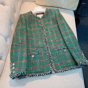 Kadın Ceketleri Eski Para Tarzı Kadınlar Vintage Yeşil Ekose Ceket 2023 Sonbahar Kış Yün Palto Lüks Tasarımcı Abrigo Invierno Mujer