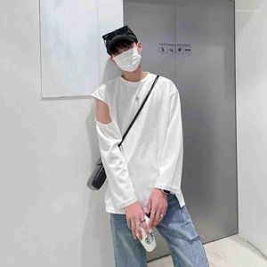 Men's T Shirts Cold Shoulder Slit Fork Long Sleeve Men Summer Fashion Ripped Hole Personality Hip Hop Punk Black White Oversized Tops