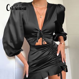 CNYISHE Seksi Derin V Yaka Parti Kadın Saten Dantelli Ruffles Oymak Dantelli Kadın Vestido Zarif Ince Mini es 230412