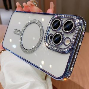 Дизайнерский роскошный блестящий прозрачный чехол с беспроводной зарядкой для iPhone 14 13 12 15 Pro Max Plus с магнитным бампером и бриллиантами