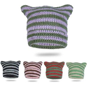 HBP Stripe Contrast Cowhorn Wool Personality Knit Handmade Pullover Adult Devil Tip Hat Cat Ear