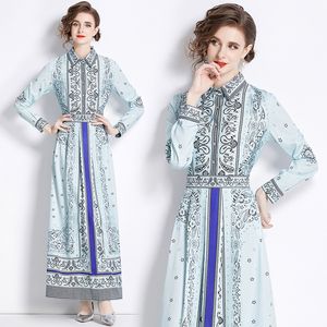 Casual Vacation Print Boho Maxi Dress Robe Long Sleeve Woman Designer Lapel Button Slim Elegant Fit Party Ruched Dresses 2023 Spring Fall High Waist Runway Frocks