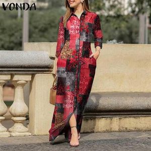 Casual Dresses Vintage Floral Printed Dress Women Cotton Long Maxi Vonda Lapel Collar Button Up Bohemian Vestidos Kaftan Robe194x