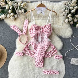 NXY MULHERES COSPLAY LEOPARD Bodysuits Sleeveless Sling sem costas Sexy Toits Hollow Out Chic Ruffles Y2K ROMPERS 230328