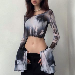 Kvinnors T-skjortor Kvinnor Tees Crop Tops Gothic Flare Sleeve See Through T-Shirts Emo Sexig Streetwear Punk Eesthetic Print Y2K Clothes Grunge