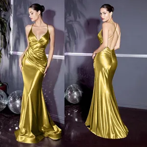 مثير حورية البحر الساتان الفساتين المشاهير V-neck عارية الظهر الطلاء خمر الذهب الذهب السباغيتي حزام PROM كوكتيل سهرة الحفلات الحفلات 2023