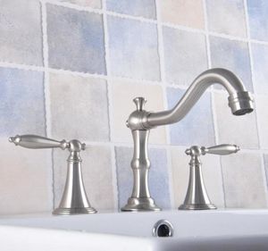 Banyo Lavabo muslukları fırçalanmış nikel pirinç güverte monte edilmiş havza musluğu yaygın makyaj mikseri musluk üç delik/iki sap ANF685