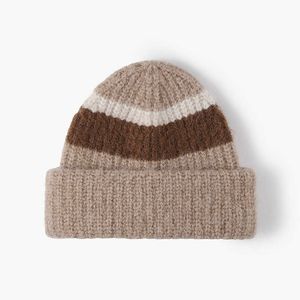 Beanie Skull Caps Herbst und Winter, verdickte, doppelt ausgestellte, wollfarbene Strickmütze für Männer und Frauen mit großem Kopf, umlaufende Wollmütze, modische kalte Mütze