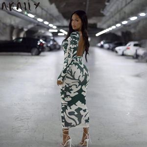 Платье из двух частей Akaily Summer Streetwear Print es для женщин с круглым вырезом и длинным рукавом Bodycon Женское элегантное платье макси с открытой спиной 230412