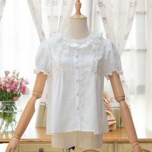 Bloups feminina camisas doces camisa de algodão solta Lolita mangas curtas Button Summer Up Blusa Mulheres Tops casuais Ruched colarwomen's