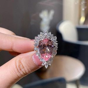 Cluster Rings Luxury Solitaire Pink Cubic Zirconia Wedding Ring S925 Silver Color Lad Dimond Female Proposal Trendy Jewelry