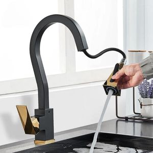 Kökskranar svart guldgourmetkran med flexibel neddragningssprutning utdragbar avtagbar för diskbänkblandning