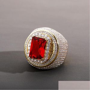 Solitaire Ring High Quality 18K Gold Diamond Mens Ruby Iced Out Rings Hip Hop Jewelry Drop Delivery Dhgarden Otwbm