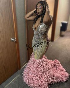 Vestidos de festa sereia rosa Longo Prom 2023 Vestido de aniversário para menina preta exclusiva Silver Rhinestone Diamond Feathers vestidos de mulheres