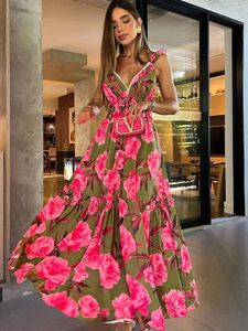 Casual klänningar sexiga i remmen lång ruffle elegant fest för kvinnor 2023 blomma tryckt formella en bit strandkläder