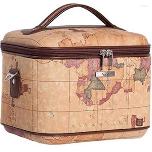Cosmetic Bags Women PU Leather Case Map Print Hard Makeup Toiletry Bag Train Professional Suitcase