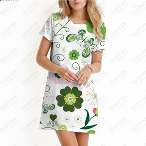 Casual Dresses Fashion Women's Loose A-line Dress Vintage Summer Sun Short Sleeve O-Neck Green Leaf 3D Print Miniskirt