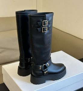 Designerskie kobiety grube buty platformowe nowe klamry pół buty do kolan buty z kolanami obcisłe rycerz but lady czarne skórzane buty kolanowe