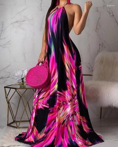 Casual Dresses Halter Colorful Print Open Back Maxi Dress Fashion Women Printing Boho Long Evening Party