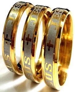 Nuevo 30pcs grabado de Jesús cruzado de acero inoxidable 316l de ancho 6 mm de oro comodidad religiosa Fit Band Calidad para hombres Joyería L5311551