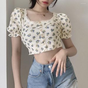 Women's T Shirts Vintage Floral Short Square-Neck Women Slim Top T-Shirt Puff Sleeve Sexy Exposing The Navel Summer Girl Tee Shirt Fashion