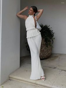 Women's Tracksuits Fashion Elegant Pleated 2 Pieces Sets Women Backless Halter And High Wiast Wide-leg Pants Office Laides White Suits