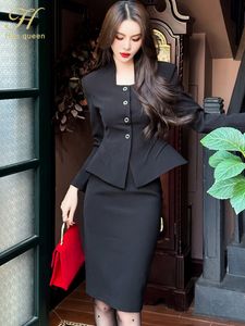 Two Piece Dress H Han Queen Spring Autumn Business Suit Skirt Women Jacket High Waist Pencil Skirts Casual Simple Office 2 Pieces Set 230411