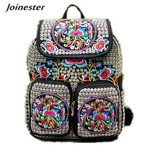 Canvas casuais bordadas florais Backpacks Meninas Meninas de Escola Ethnic School School Schools Ladies Vintage Rucksack Multi Pockets Flap Travel Bags 230412