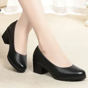 Dress Shoes Autumn Women's High Heels Office Lady Black Leather Comfortable Soft Sole Slip-on Women Daily 5cm Square Heel Pumps