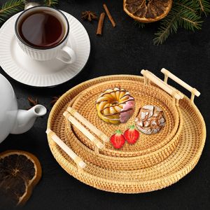 Handwoven Rattan Storage Tray With Wooden Handle Round Wicker Basket Bread Food Plate Fruit Platter Serving Tray Breadbasket