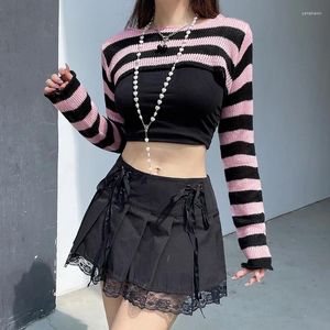 Kadın Sweaters Y2K Gotik Siyah Pembe Çizgili Süvari Kadınlar Uzun Kollu Gevşek Tatlı Örme Sakatlar Sokak Giyim Harajuku Kısa Külot