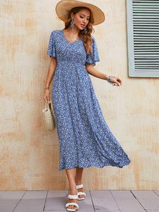 Casual Dresses Ladies Vintage Boho Print Summer Women Blue Elastic Midje Bohemian Beach Sundress Robe Vestidos Female 230412