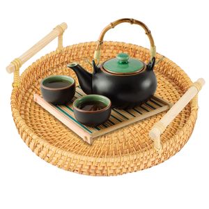 Durable Wicker Serving Tray Round Smooth Edge Multi-purpose Enjoy Refreshments Wicker Serving Tray