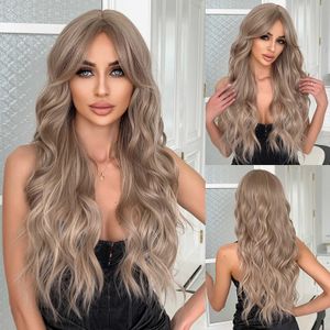Brown center split bangs with large waves and natural long curly wigs