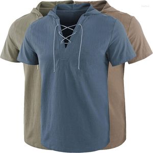 Men's T Shirts Summer Men Tshirt Casual Solid Loose Hooded Tops Tees Male Bandage Hoodie Short Sleeve Tee Mens T-shirt Clothing