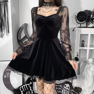 Casual klänningar kvinnor gotiska lolita svart vintage snörning långärmad klänning punk goth cosplay party prom sammet 230412