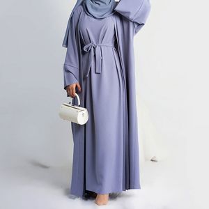 Etniska kläder 2 bit Abaya lång klänning för kvinnor Ramadan Eid Crepe Islamiska kläder Hijab Robe Dubai Turkish Party Kaftan Outfit Muslim Set 230411