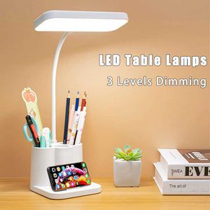 Skrivbordslampor LED -bordslampa med penna förvaring Ögonskydd Stepless Dimning USB Desk Lamp Study Children Smart LED Bedside Night Light P230412