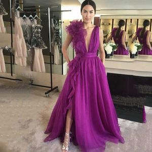 Sexy Purple A-Line Promowa sukienka na imprezę 2023 Palenki z dekoltem w stylu V-Neck Side Split Floor Długość organza formalne suknie wieczorowe szat de soiree vestidos