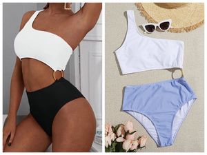 One-Shoulder-Badeanzug-Bikini-Dreieck, einteiliger Badeanzug für Damen, farbblockiert, sexy J