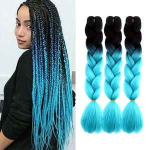 Jumbo warkocze kolorowe syntetyczne przedłużenia włosów Kanekalon dla DIY szydełkowane pudełko Plajnik Ombre 2Tone Black Light Blue 100g/szt. 24 cali