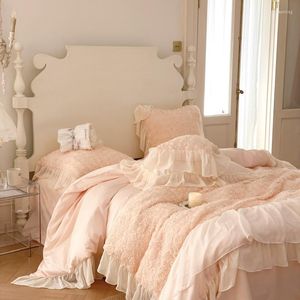 Set di biancheria da letto in cotone egiziano 1000TC Set da sposa premium francese romantico principessa pizzo rosa pesca copripiumino lenzuolo 2 federe