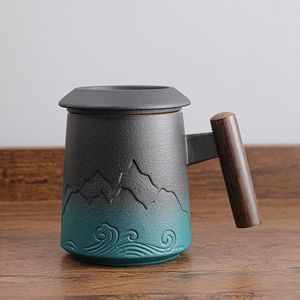 Tassen Top Keramik Retro Kaffeetasse Büro Wasserfilter Tee mit Deckel und Holzgriff Caneca GeburtstagsgeschenkboxCM061