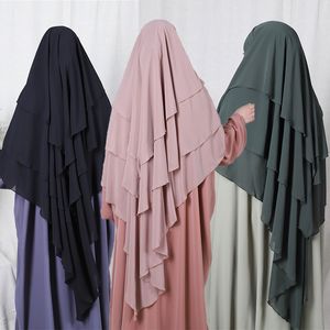 Hijab Ramadan Eid 3 strati Chiffon Hijab Khimar Islam Abaya Turbante Hijab per donna Sciarpa testa solida Copricapo Moda musulmana Turbanti 230412