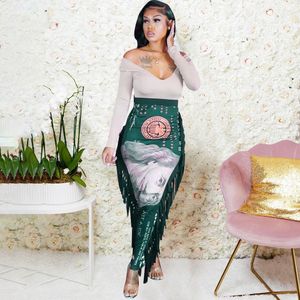 2024 Designer Dresses Sexy Money Tassels Long Skirts Women Party Club wear Fashion US Dollar Printed Skirt Summer Clothes Streetwear Bulk Wholesale 9682