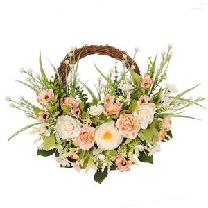 Decorative Flowers Artificial Rose Cherry Blossom Green Leaves Wreath 15.7 Inch For Front Door Hangings Wall And Window Decor