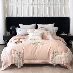 Juegos de cama Rosa 1000TC Algodón egipcio Flores de lujo Bordado de encaje Juego de boda francesa Funda nórdica Fundas de almohada Sábana 4 piezas